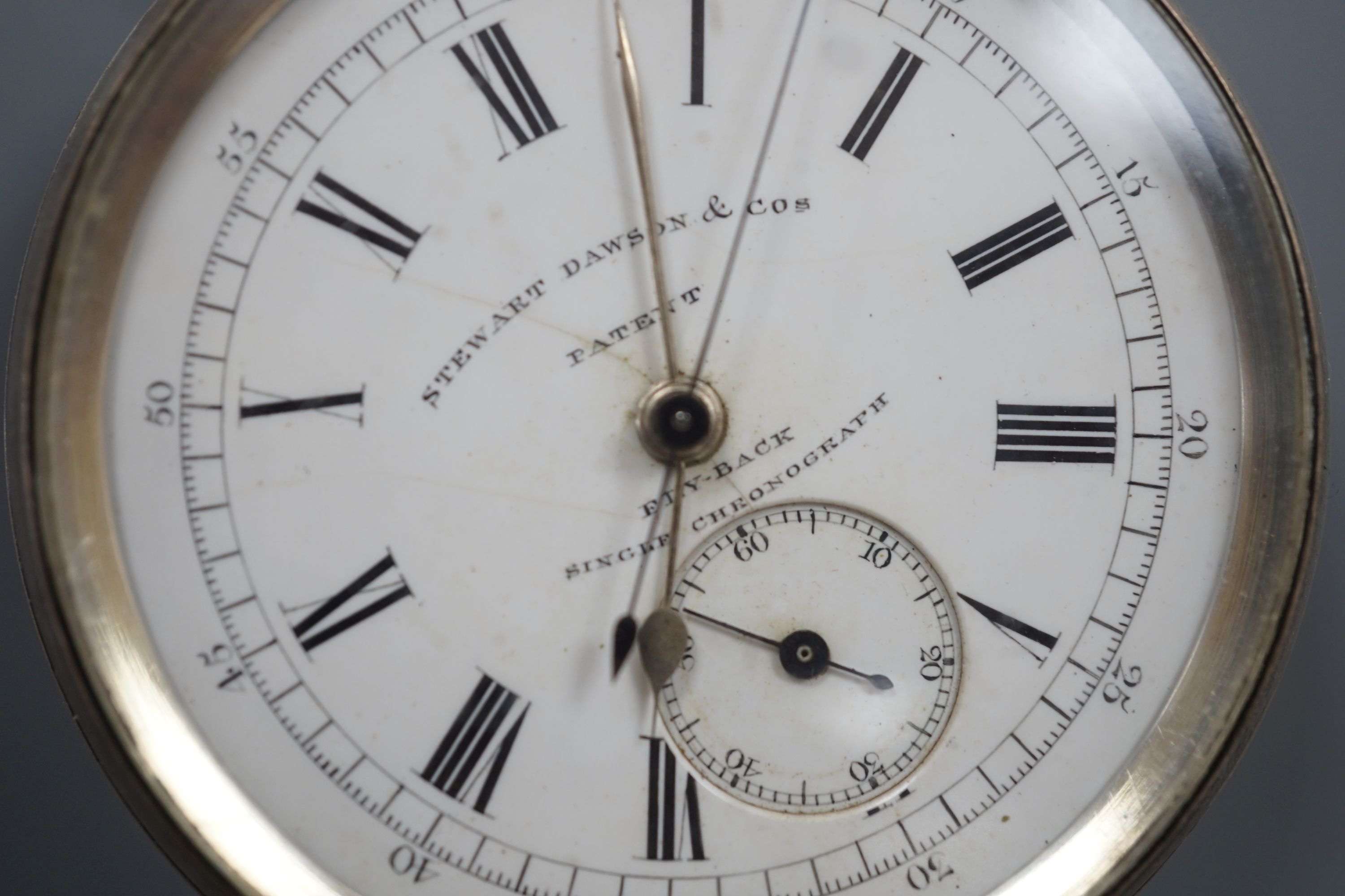 A late Victorian silver open face chronograph pocket watch, by Stewart Dawson & Sons, cased diameter 53mm.